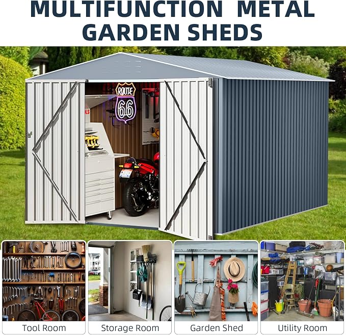 8X12FT Outdoor Metal Storage Shed, Lockable Weatherproof Garden Shed for Tools & Equipment, Durable Galvanized Steel with Sloping Roof & Ventilation, Ideal for Backyard, Patio & Garage Storage, Grey - Image 6