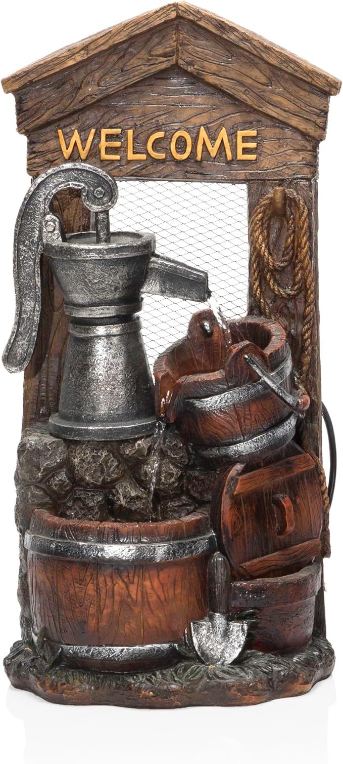 Alpine Corporation ZEN576S Outdoor Rustic Design Water Pump and Barrel Floor Fountain - Welcome Sign, 24 Inch Tall, Brown
