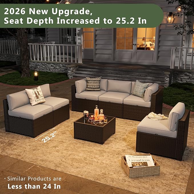 Aoxun 7 Piece Patio Furniture Set, Wicker Rattan Patio Sectional Sofa, Outdoor Furniture Set with Thickened Cushion, Light Gray