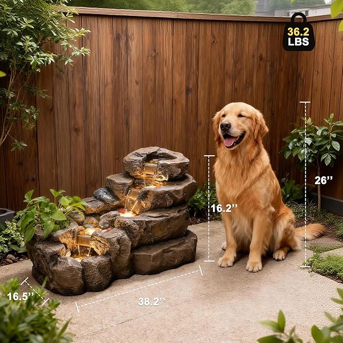 38.2" L Water Fountain Outdoor Garden 5 Tiers Floor Standing Rock Natural Waterfall Outdoor Fountains with LED Lights and Planting Pot for Patio, Porch,Backyard,Home Art Decor