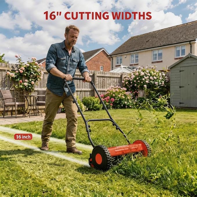 16" Push Lawn Mower, Manual Hand Push Lawn Mower Without Grass Catcher, Lightweight & Portable Walk-Behind Mower for Small Yards, Garden & Patio - Image 2