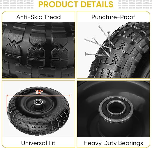 TICONN 4.00-6 Tire and Wheel Flat Free, 4 Pack 13" Solid Tires with 5/8" Axle Bore Hole and Double Sealed Bearings, Perfect for Wheelbarrow, Garden Cart, Wagon, Dolly (Black, 4PK) - Image 2