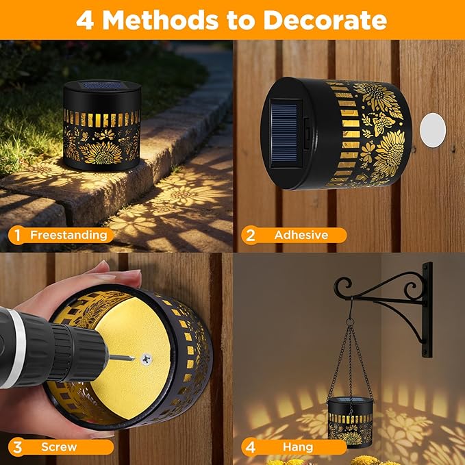 Forlivese 4 Pack Solar Lanterns Outdoor Waterproof, Sunflower Butterfly Garden Decor Gifts for Women Mom Grandma, Hanging Solar Fence Lights Metal Decoration Outside for Yard, Patio, Backyard, Porch