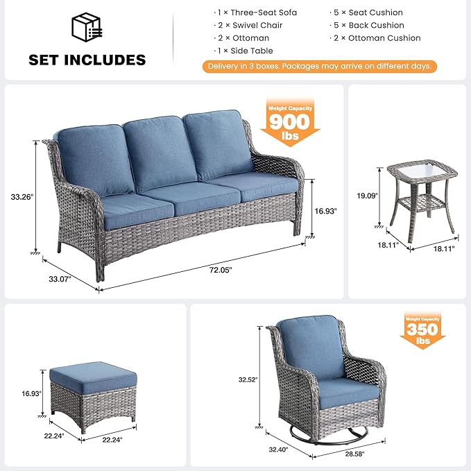 ovios 6-Piece Patio Furniture Set with Swivel Chairs Coffee Table, Outdoor Wicker Sofa with Comfy Cushions, High Back Couch Modern Conversation Sets, Grey/Denim Blue
