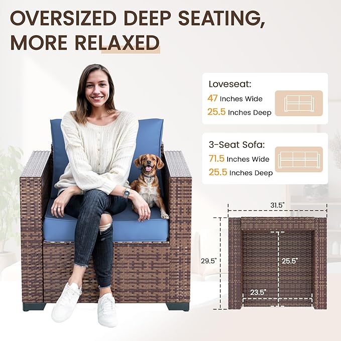 Patio Furniture Set,5 Piece Wide Armrest Outdoor Furniture Chair with 4" Thickened Cushion,Wicker Patio Conversation Sets with Waterproof Covers for Backyard, Porch(Navy Blue)