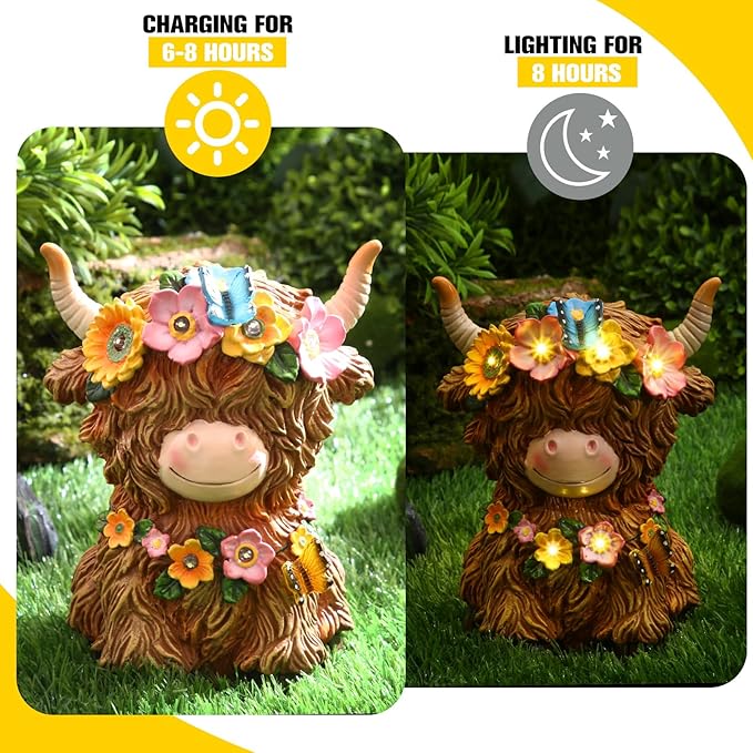 Highland Cow Solar Statue Outdoor Decor Resin Highland Cow Figurine with Flower Gifts for Women Mom for Spring Yard Garden Lawn Ornaments, Calf Gnome Herd Lovers(Bright)