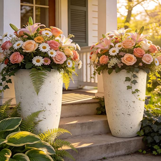 19.5" Resin Tall Planters for Outdoor Plants, Set of 2 Country White Large Flower Pots with Handmade Birch Bark Texture, Heavy-Duty and Weather-Resistant for Year Round Indoor Outdoor use