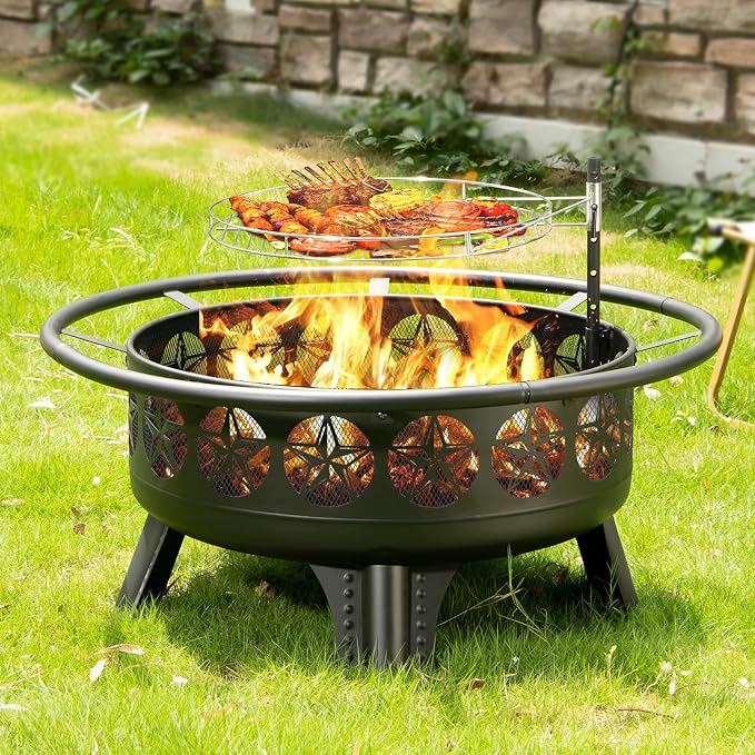 Verdeluxe 38” Wood Burning Fire Pits for Outside,3-in-1 Fire Pit with Grill, Spark Screen & Fire Poker,Outdoor Firepit Table with Swivel Cooking Grate for Yard BBQ Bonfire Patio Camping (38 inch) - Image 2