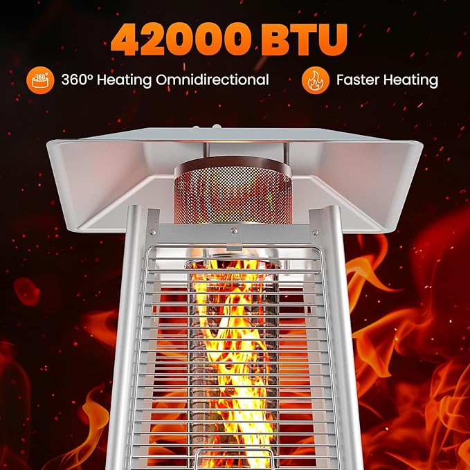 OLIXIS LED Pyramid Patio Heater, 48000 BTU Outdoor Heater with Wheels and Ignition, LED Propane Patio Heater for Home, Backyard, Garden,Deck and Patio
