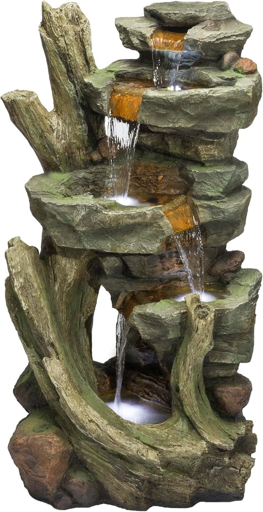 Alpine Corporation TZL292 Outdoor Floor Cascading Stone Tower Fountain, Garden Fountain with Natural Stone Look 40", Gray