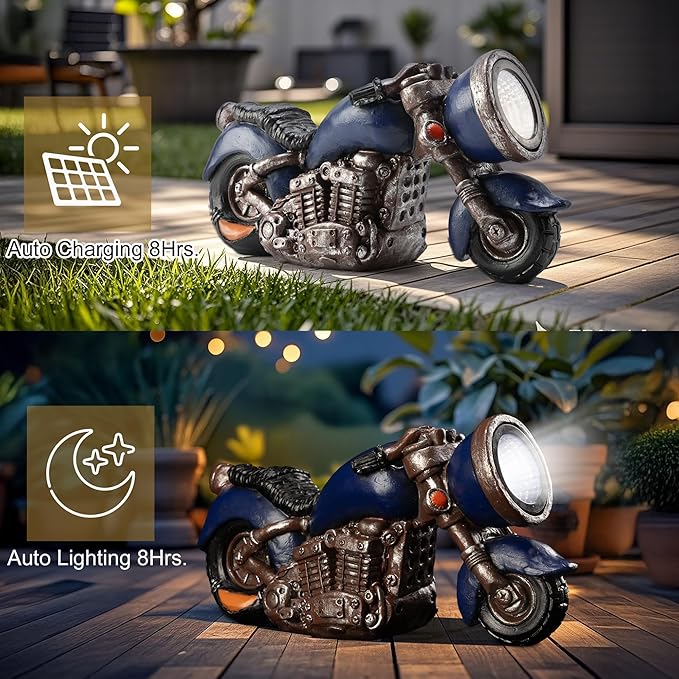 Solar Vintage Style Motorcycle Statue, Resin Rustic Retro Sculpture with LED Lights,Outdoor Art Decor for Garden Courtyard Lawn, Ideal Housewarming、Birthday Gift for Motorcycle Enthusiasts