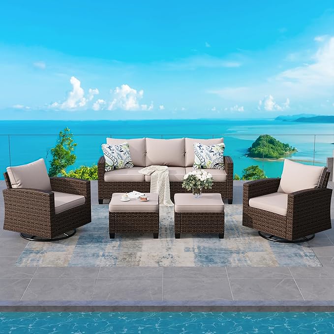 Swivel Glider Patio Furniture Set Outdoor Furniture Brown Wicker Rattan Patio Conversation Sets with Cushion Outside Sofa Set,5 Pieces 7 Seats,Beige