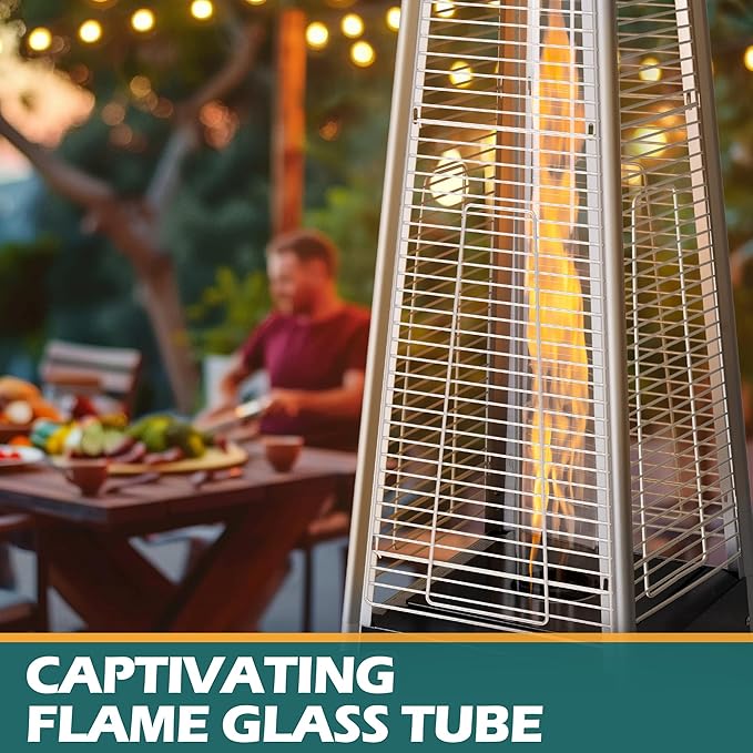 48,000 BTU Flame Pyramid Pool Heater, Triple Safety Protection with Patio Cover, Warm Glass Tube Portable Heater with Durable Wheels - Gray