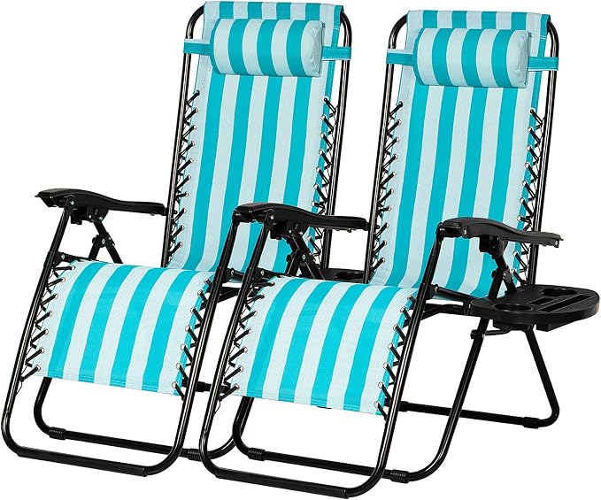 Nazhura Set of 2 Relaxing Recliners Patio Chairs Adjustable Steel Mesh Zero Gravity Lounge Chair Beach Chairs with Pillow and Cup Holder (Light Blue Stripe) by NazhuraGoodCompanionAtHome