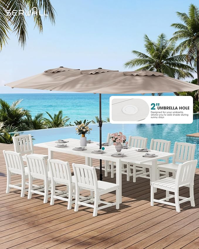 SERWALL 9-Piece Outdoor Dining Set, 60" - 83" Expandable Outdoor Dining Table and 8 HDPE Chairs, All Weather HDPE Outdoor Furniture Set for Backyard, Garden, White - Image 2