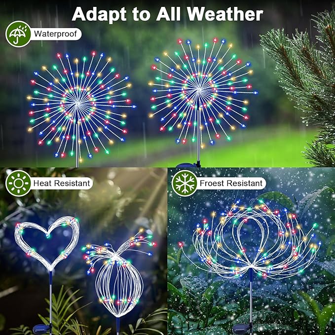 Solar Garden Lights Outdoor, 4 Pack 120 LED Twinkling Firework Lights Decorative with 2 Modes, Outdoor Waterproof Solar Starburst Light for Outside Yard Pathway Garden Decor, Multicolor
