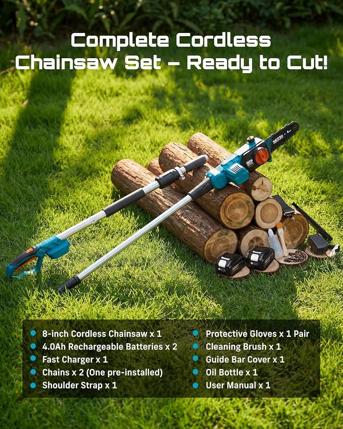 SEESII 8-Inch Electric Pole Saws: 21V Cordless Pole Saws for Tree Trimming, 15-Foot Max Reach, Auto Oiling, Tree Trimmer with 2x4000mAh Battery & Fast Charger, Tree Saw Ideal for Pruning Branches - Image 9
