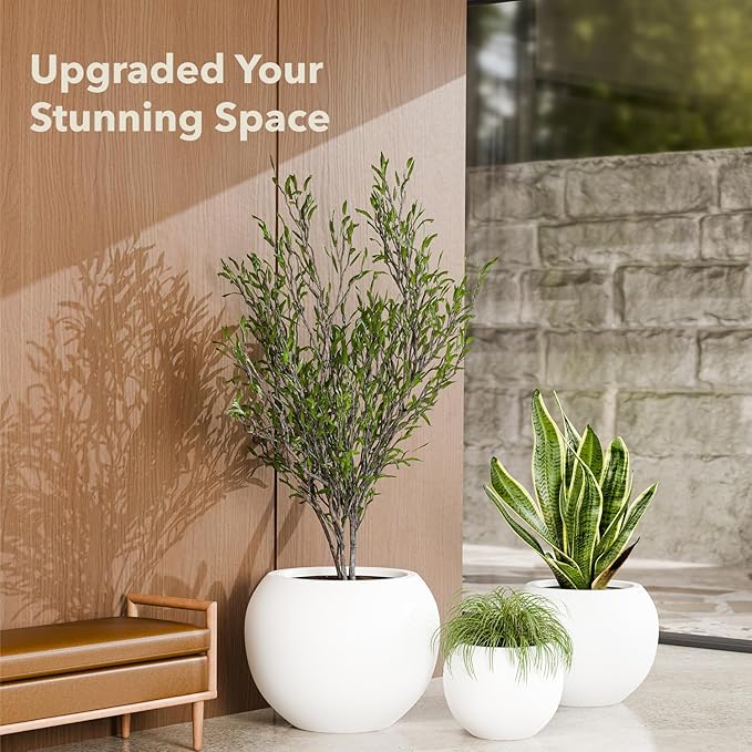 12.8"H x 16"D Premium Globo Fiberstone Round Planter with Drainage Hole, Smooth Finishes, Weather Resistant for Indoor and Outdoor Use, Included 2 Extra Coco Mats (White, 10.7" Pot Opening)