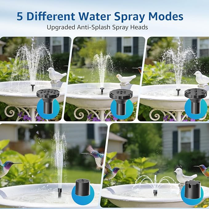 Solar Fountain Pump for Bird Bath, 4W Solar Water Fountain with 5 Spray Modes & 4ft Hose, 9.8ft Power Cord, Dry-Run Protection & Low Noise for Garden Small Pond Fish Tank DIY Water Feature
