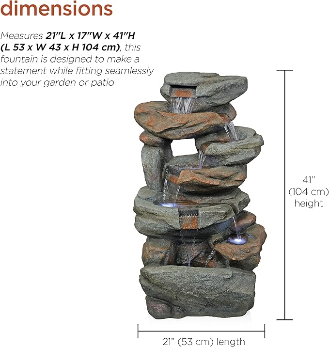 Alpine Corporation WIN1484S Cascading Natural Stone Fountain with LED Lights, Waterfall for Garden, Patio, & Lawn, 41" H