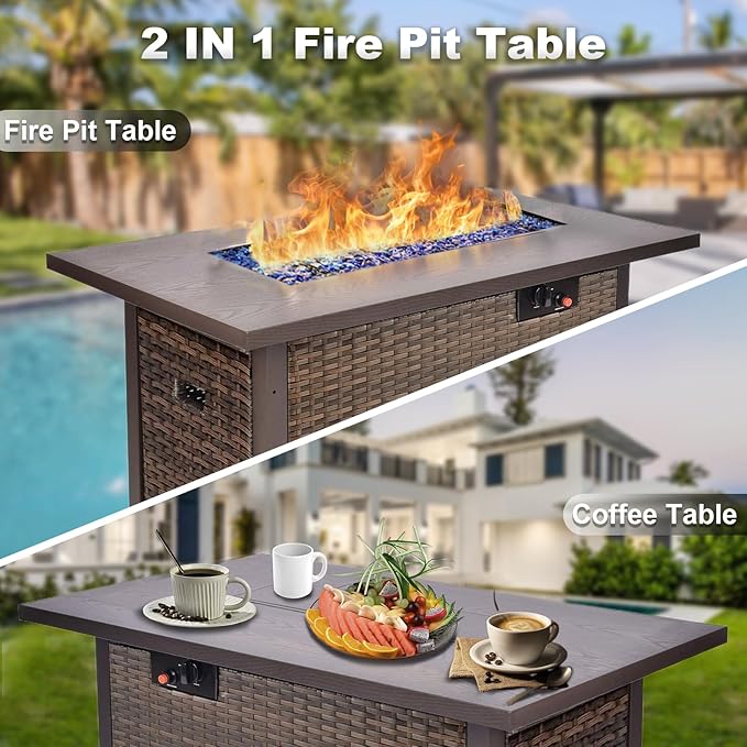 Grezone 5 Piece Patio Furniture Set with 44" Fire Pit Table, Outdoor Sectional Couch, PE Rattan Patio Conversation Sets with 4inch Cushions for Backyard Beige