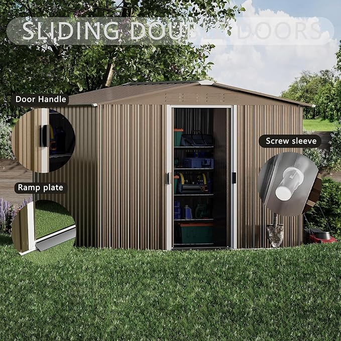 8 x 6 FT Outdoor Storage Shed with Frame Floor, Waterproof Lockable Door Metal Tool Shed with Sliding Door and Ventilation, Gardening Tool Storage Room, Metal Storage Shed for Gardens & Lawns - Image 5