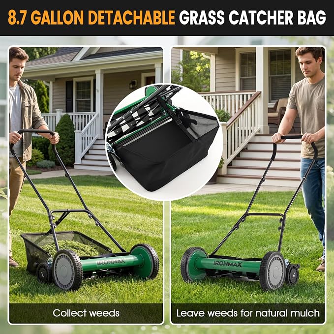 IRONMAX 18 Inch 5-Blade Push Reel Lawn Mower, 9-Level Adjustable Cutting Heights, Removable Grass Catcher, Lightweight No Motor Walk-Behind Manual Grass Cutter for Garden Yard Park (Green, 18 Inch) - Image 6