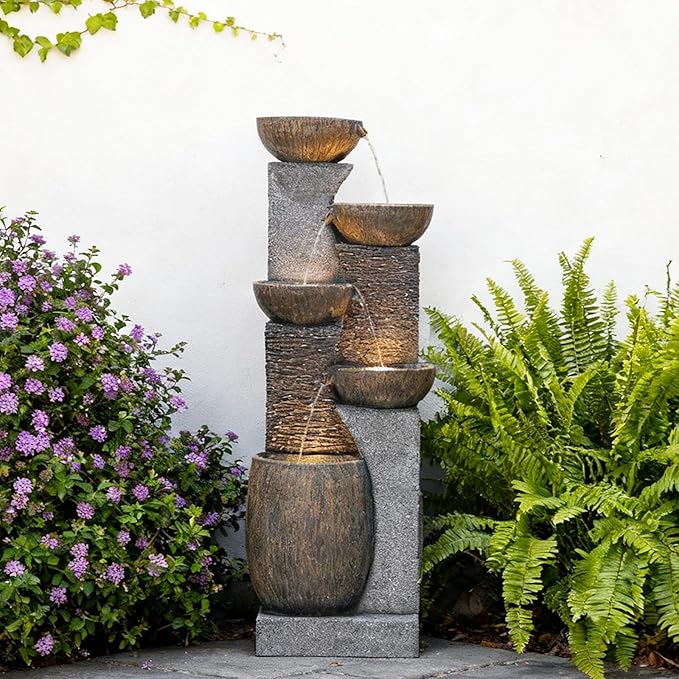 51.6'' H Tall Outdoor Water Fountain, 5-Tier Resin Cascading Crock Bowls with LED Lights, Garden Water Feature and Waterfall for Porch, Deck, Patio, Yard, and Home Décor, Dark Gray