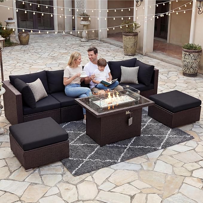 BULEXYARD 7 Pcs High Back Patio Furniture Set with Fire Pit Table Propane/Natural Gas Dual Fuel, Heavy Duty Outdoor Sectional Couch, Comfy Backyard Seating for Exterior, Brown Wicker & Black Cushion