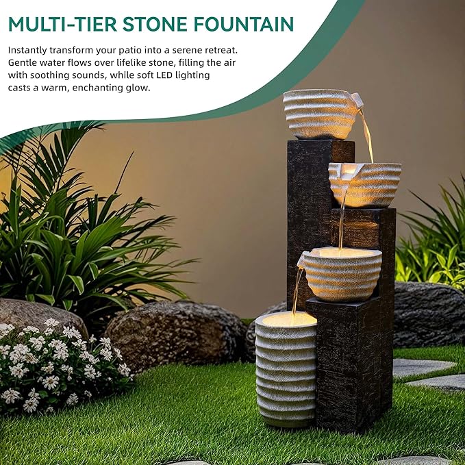 40" H Outdoor Water Fountain with LED Lights & Pump, Multilayer Cascading Polyresin Fountain, Sand-Textured Freestanding Garden Fountain for Tranquil Garden, Patio or Porch