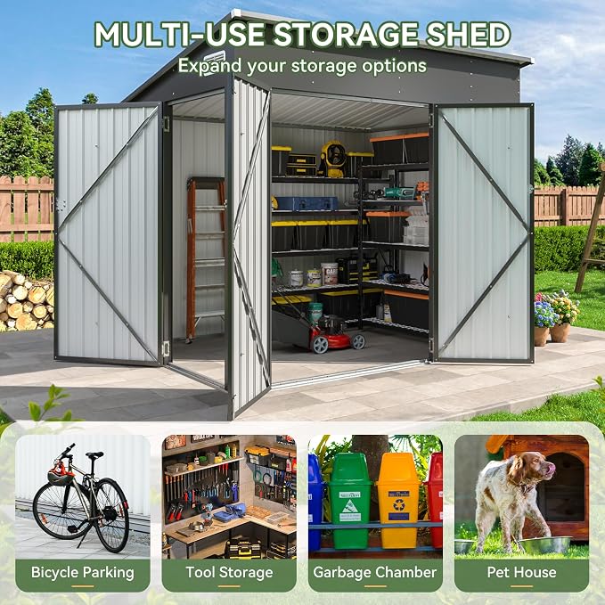 Aoxun 7'x4' 3-Lockable Door Metal Storage Shed, Metal Outdoor Garden Shed - Elevated Height & Sloped Roof Design for Bicycle, Tool, Snow Blower Storage (Black) - Image 5