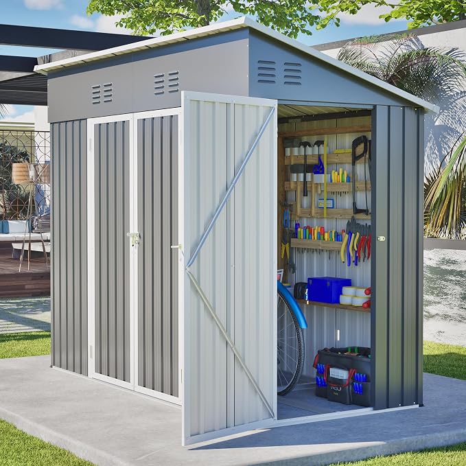 YOPTO 4x8 FT Outdoor Storage Shed,Slope Roof Storage Metal Garden Shed Steel with Reinforced Beams,All Weather Waterproof Garden Tool House W/Lockable Door & 4 Air Vents,for Backyard,Patio,Lawn,Grey - Image 6