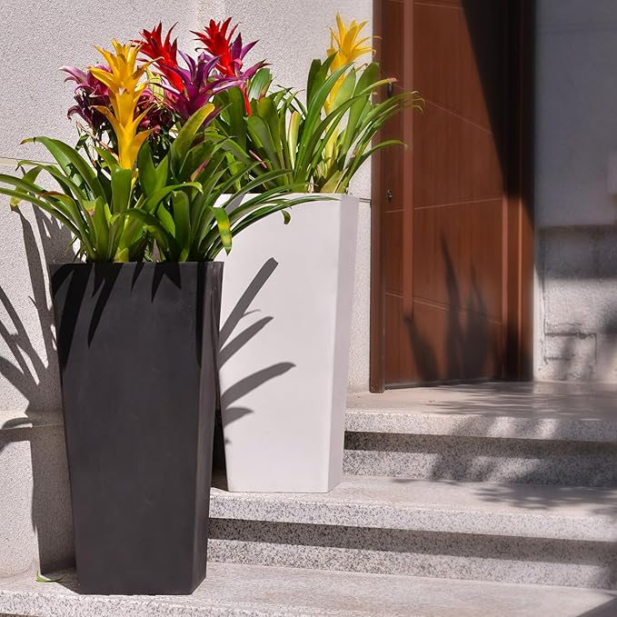 GreenShip 27 inch Tall Planters for Indoor Outdoor Plants, Set of 2 - Large Black Flower Pots with Drainage & Inner Shelf, Modern Decorative Garden Pots for Porch, Patio, Front Door