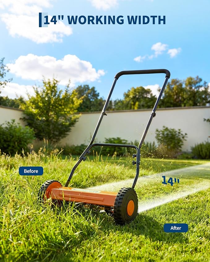 Push Reel Lawn Mower, 14 Inch 5-Blade Manual Reel Lawn Mower, Walk-Behind Lawn Mower with Adjustable Cutting Height, Orange - Image 5