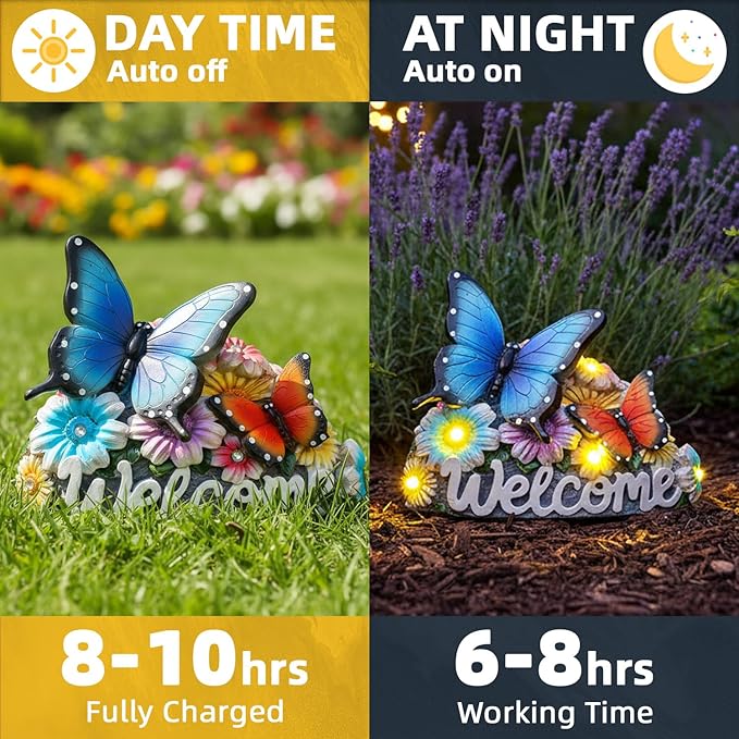 Solar Butterfly Garden Statues 5.3" Resin Butterflies Figurine with Welcome Sign Solar Butterfly Lights Outdoor Balcony Yard Patio Decor Housewarming Birthday Gifts for Women Mom Grandma