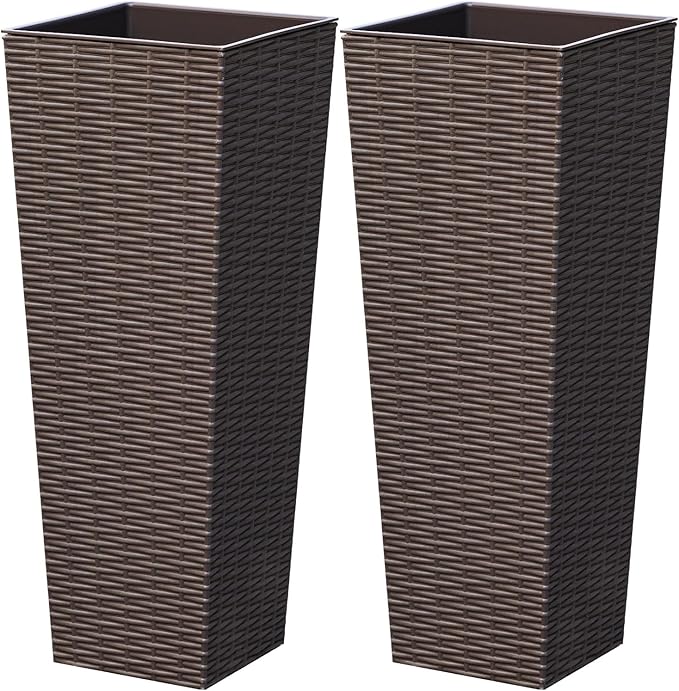 24 Inch Tall Plastic Planters (Set of 2), Detachable Inner Pot & Drainage Holes, Outdoor Decorative Flower Pots for Large Plants, Trees, Patio, and Garden, Brown