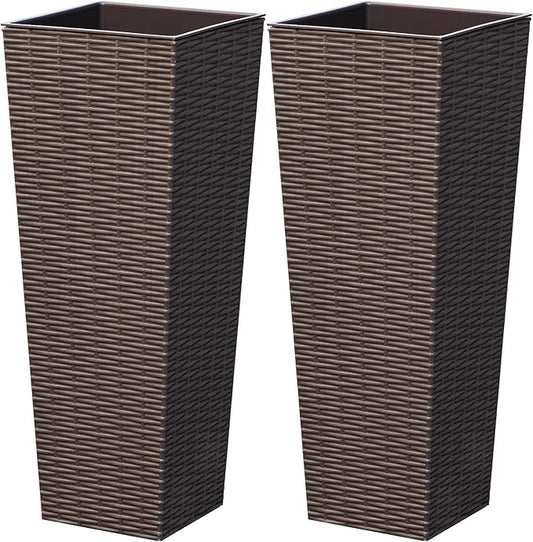 24 Inch Tall Plastic Planters (Set of 2), Detachable Inner Pot & Drainage Holes, Outdoor Decorative Flower Pots for Large Plants, Trees, Patio, and Garden, Brown