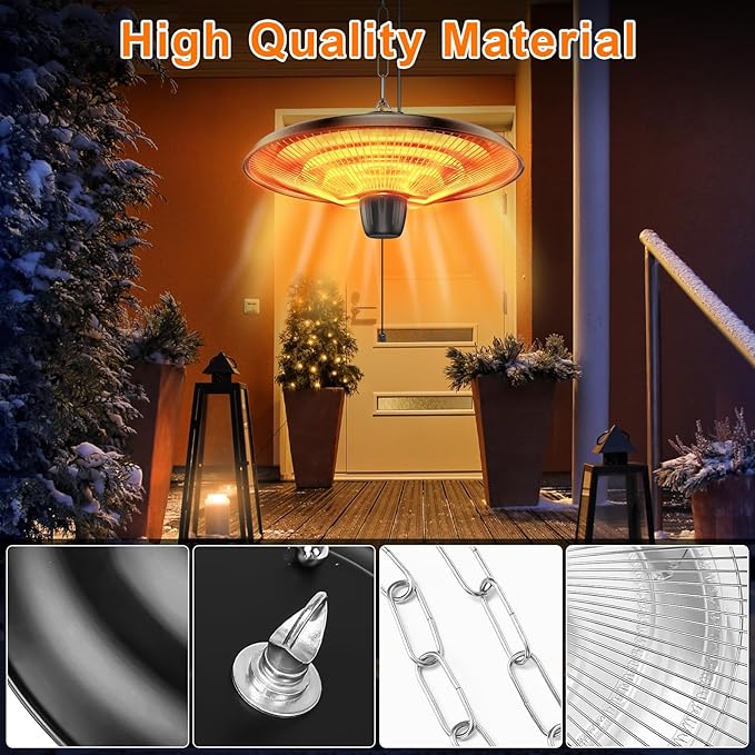 Uniflasy 1500W Electric Hanging Patio Heater - 3s Fast Heating with IP55 Waterproof Protection for All Weather Use, 2 Adjustable Heat Settings, Perfect for Gazebo, Balcony, Living Room, and Courtyard