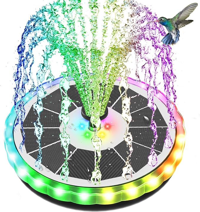 SZMP Solar Fountain, Upgrade 4W Solar Bird Bath Pump with 4000mAh Battery, Color LED Lights, Outdoor Solar Powered Water Fountain Pump with 7 Nozzles and 4 Fixers for Garden (Multi-Color)