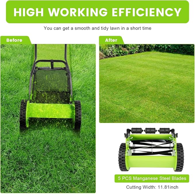 18Inch 5-Blade Push Reel Lawn Mower, Walk-Behind Cordless Grass Cutter Adjustable Height Wheeled Manual Lawn Mower Grass Catcher 23L/6 Gallons for Sidewalks Driveways Courtyards Park Gardens - Image 7