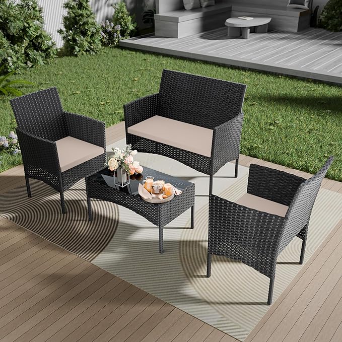 4 Pieces Patio Furniture Set Outdoor Conversation Set Rattan Furniture Set Wicker Chairs and Sofa with Glass Table for Porch Pool Backyard Garden Sand