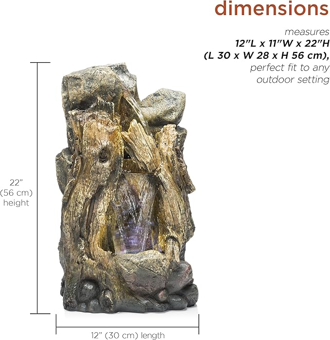 Alpine Corporation WIN270S Indoor/Outdoor Floor Rainforest Fountain with LED Lights, Tree Trunk Waterfall Fountain 22", Brown