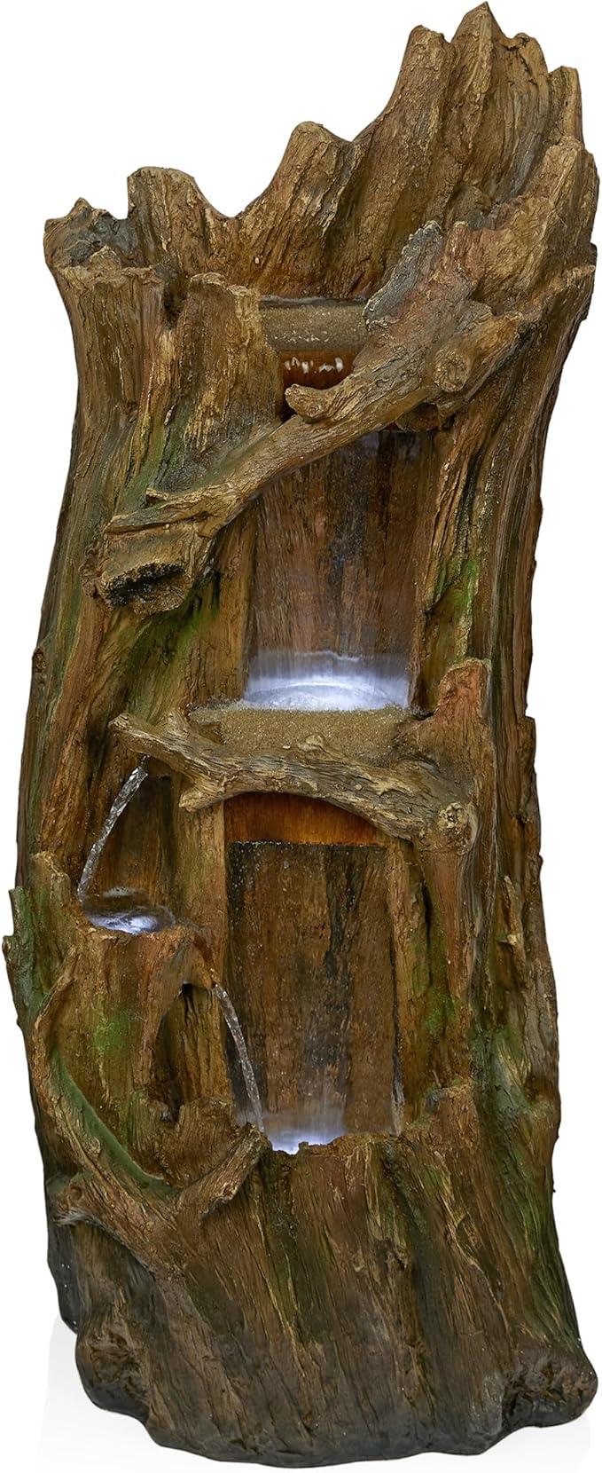 Alpine Corporation TZL346 Outdoor 3 Tier Tree Trunk Floor Fountain with Cool White LED Lights, Tiered Garden Decor, 40" H, Brown