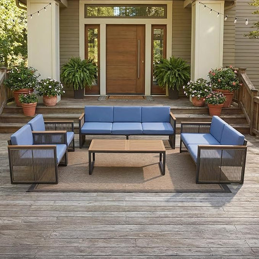 5 Piece Patio Conversation Set for 7, Modular Patio Sofa Couch with Cushions, Rattan Outdoor Patio Furniture Set with Loveseat/Coffee Table, Outdoor Sectional Furniture for Deck/Porch, Blue