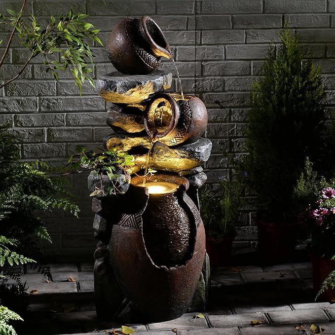 Outdoor Garden Water Fountain for Garden, Patio, Backyard, Deck, Porch and Home Art Decor, 3 Tiers Modern Cascading Outdoor Fountain with Lights 38.4" H