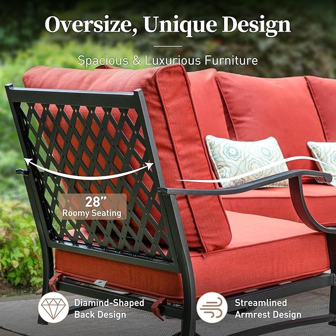 6 Piece Metal Outdoor Patio Furniture Set, Patio Conversation Sets 1 3-Seater Sofa, 4 Fixed Chairs with 5.75" Thick Cushion and Coffee Table, Backyard Furniture Set for Deck, Red