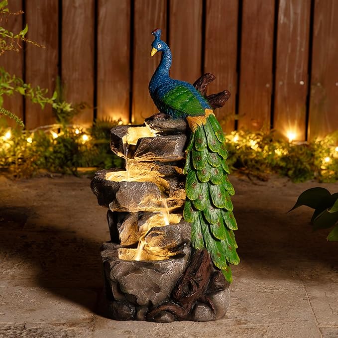 Glitzhome Outdoor Water Fountain,20.5" H Polyresin Outdoor Fountain with Lights, 4-Tierd Peacock W/Stacked Stone Decorative Waterfall Feature Garden Fountain with Pump for Garden, Patio, Porch Decor