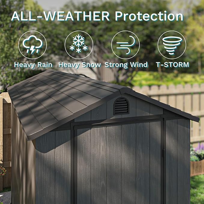 Patiowell 4x8 FT Plastic Outdoor Storage Shed with Floor, Garden Tool Shed with Two Windows and Single Lockable Door for Garden, Backyard, Lawn, Easy to Install, Dark Grey - Image 3