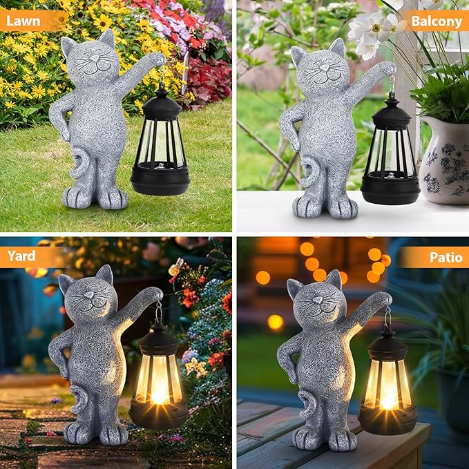Solar Garden Statues Cat with LED Lights, Outdoor Decor for Cat Lover, Yard, Lawn, Patio,Home, Birthday Gifts for Women Mom Grandma