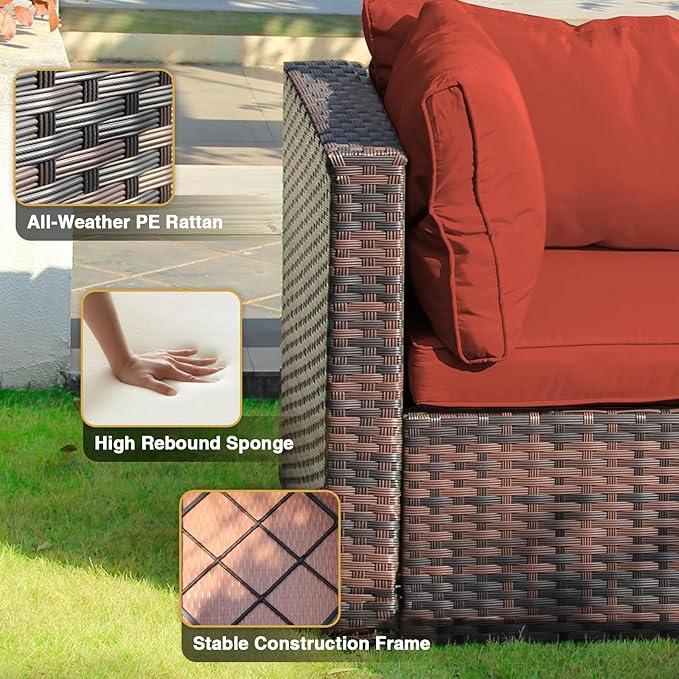 13 Piece Patio Furniture Set All Weather PE Rattan Outdoor Sectional Sofa Couch with No-Slip Cushions and Glass Top Table for Garden, Poolside, Backyard (Red)